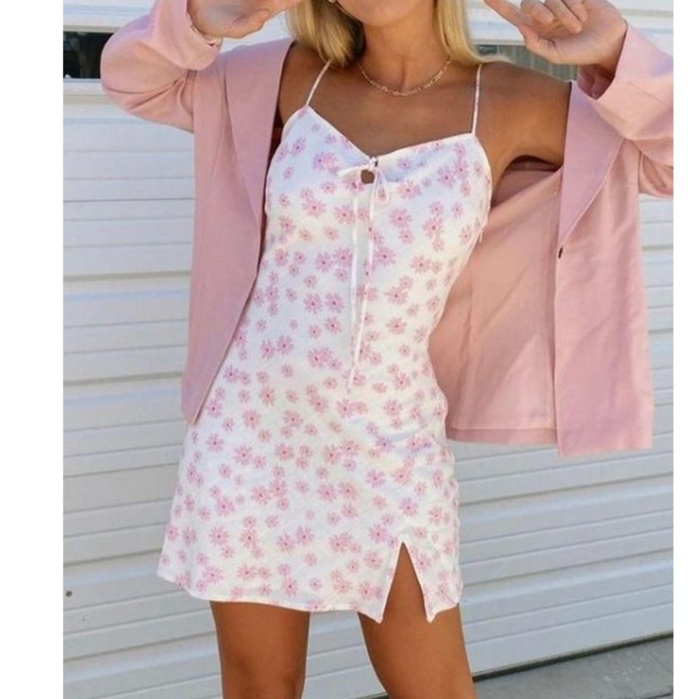 COTTON CANDY LA | Pink Floral Linen Mini Dress Medium Lace Up Back Zipper - Picture 2 of 9
